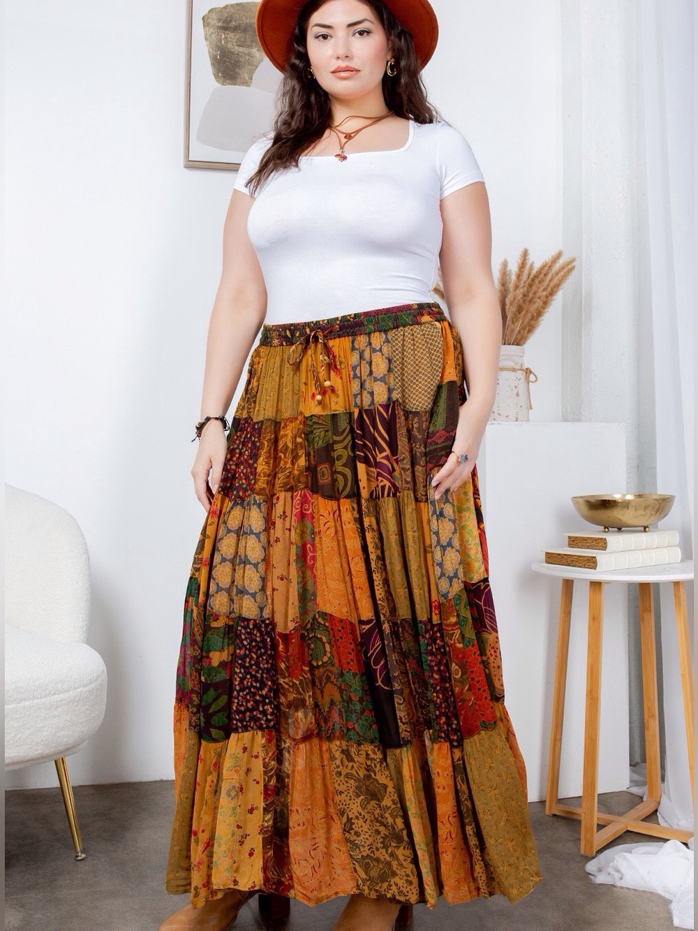 YOUNG THREADS NWT Skirts Yellow Multi Color Patch Design 2X